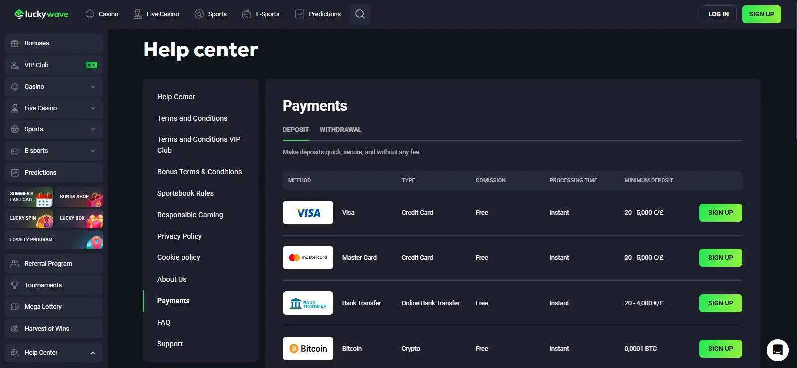 LuckyWave payments page showing GBP deposit and withdrawal methods