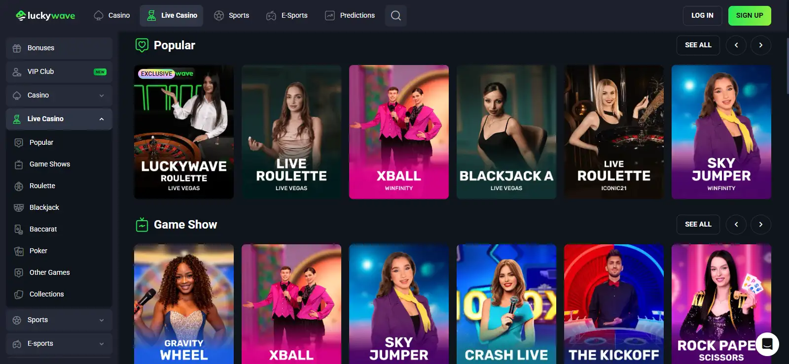 LuckyWave live casino lobby showing live dealer categories