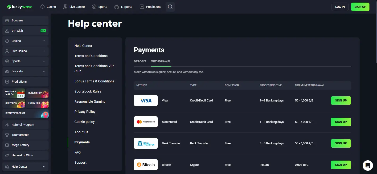 LuckyWave withdrawal interface showing current payout methods and processing information