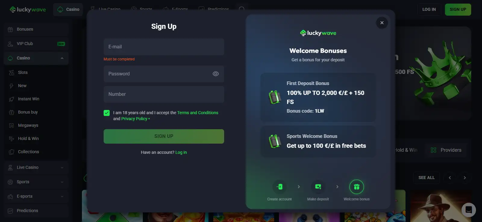 LuckyWave registration and account creation screen