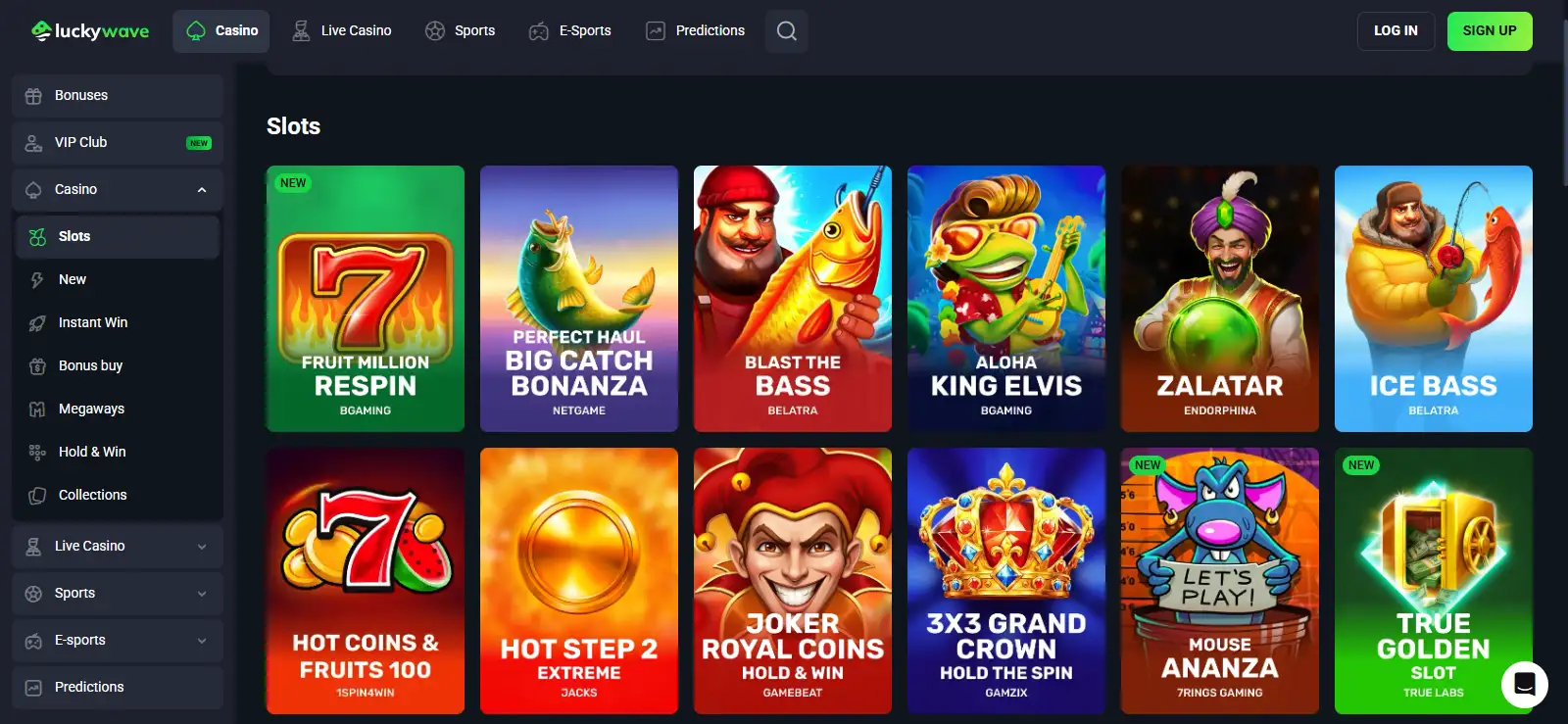 LuckyWave casino lobby showing game categories and provider filters