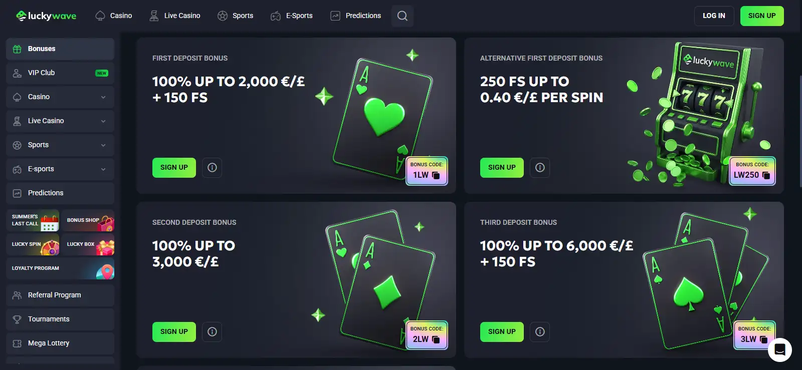 LuckyWave promotions page with current welcome and reload offers