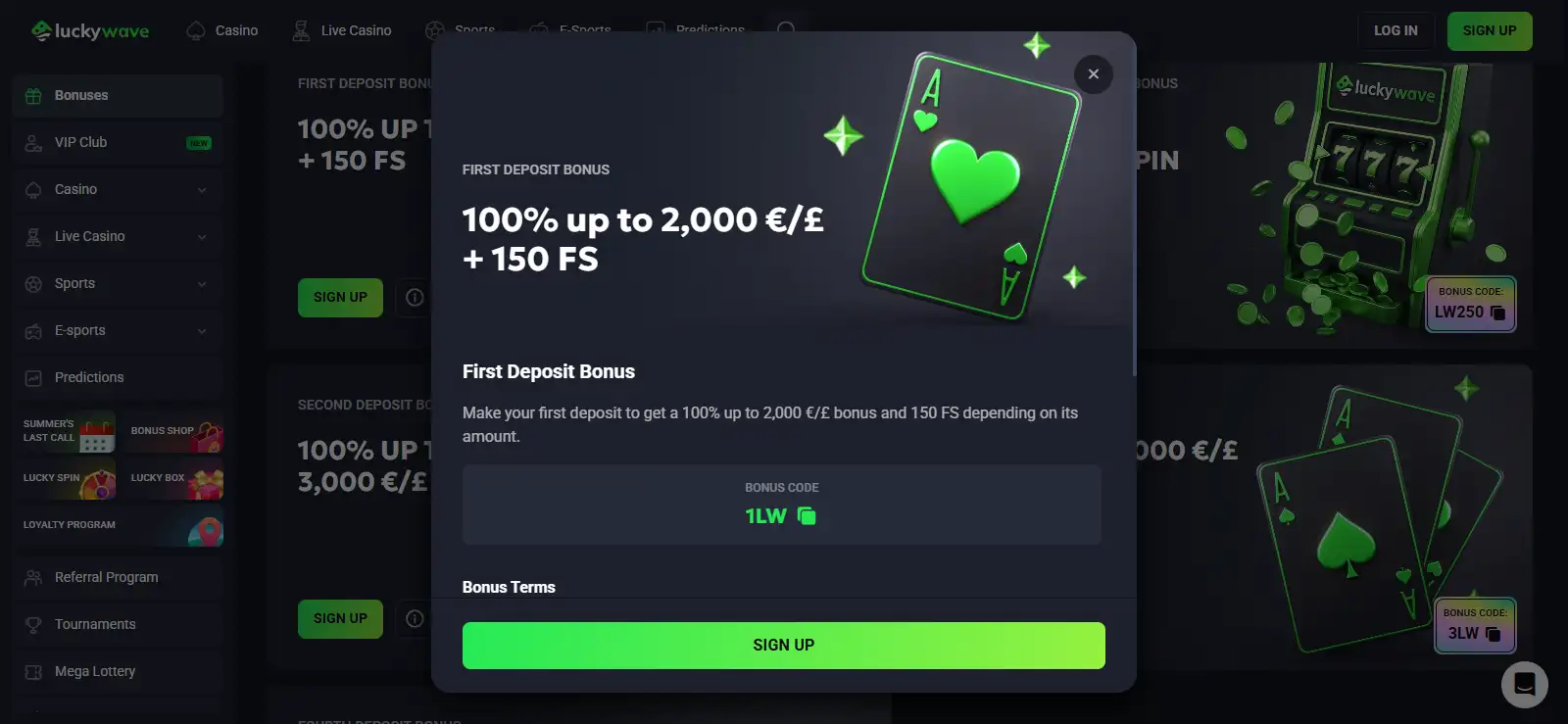 LuckyWave first deposit bonus card with code 1LW