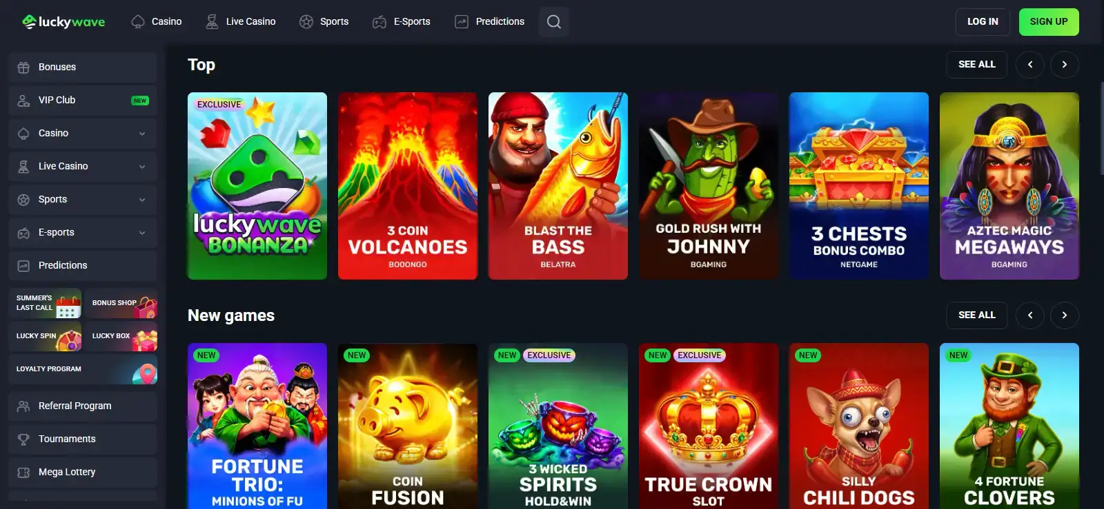 LuckyWave Casino homepage interface